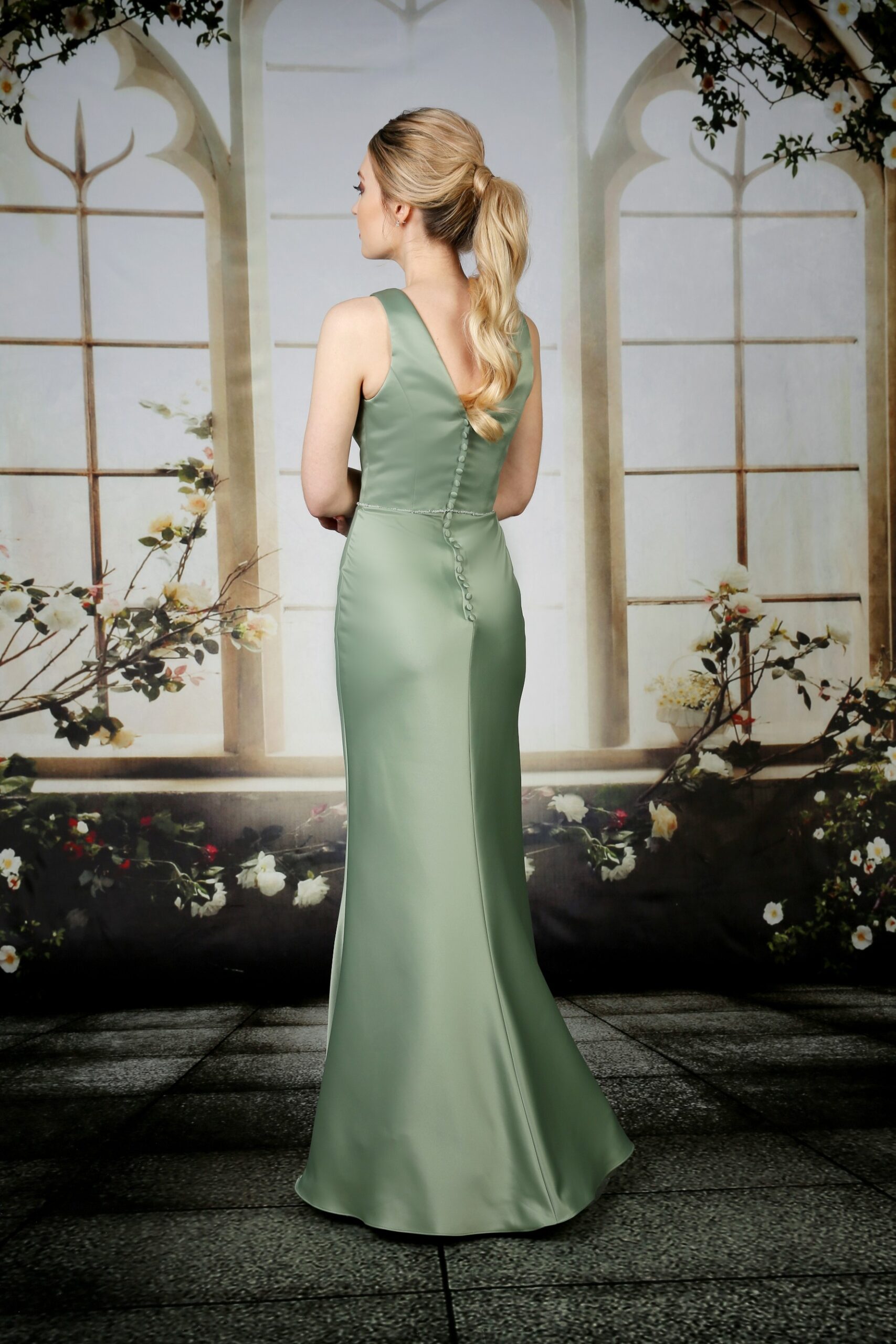 Button Back Beaded Satin Dress - Nieve Couture